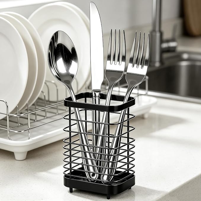 Utensil Holder, Stainless Steel Utensil Drying Rack for Kitchen Counter, Silverware Cutlery Flatware Holder Forks, Knives, Spoons, Chopsticks Organizer (Black)