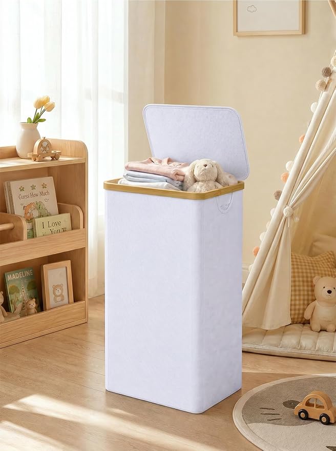 IEGrow Laundry Hamper with Lid,110L Laundry Basket with Mesh Bag,White | Dirty Clothes Hamper Basket with Bamboo Handle for Clothes Towels Organization
