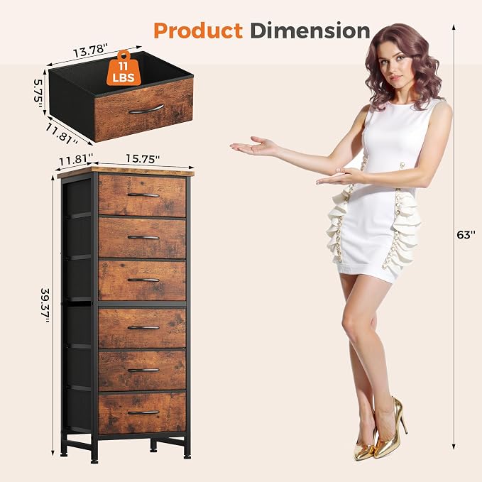 Sweetcrispy Tall Fabric Dresser for Bedroom, 6 Drawer Chest of Drawers | Narrow Storage Tower with Wood Top and Metal Frame, Vertical Nightstand for Closet, Bedroom Organization Furniture, Brown
