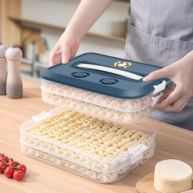 Food Storage Containers with Lids, Plastic Cookie Storage Containers Airtight, 4-Layer Stackable Food Containers Dumpling Storage Box, Blue