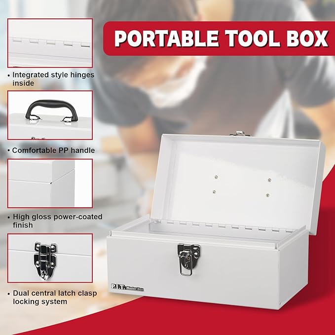P.I.T. 12 Inch Tool Box,Portable Small Steel ToolBox with Metal Latch Closure for Household, Warehouse,Tools Storage,White