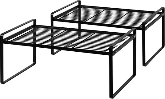 Shantton 2Pack Kitchen Cabinet Shelf Counter Organizer Rack Pantry Storage Bathroom Bedroom Office Table Desk Space Saving Stackable Rust Resistant Non Slip Black Wide L16.1in W10.6in H7.3in