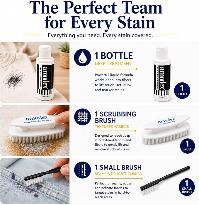 Amodex Ink & Stain Kit with Stain Remover Brushes, Removes Ink, Sharpie, Grease, Food and More, Safe and Effective on Clothes, Leather and Skin, Includes 1 Bottle and 2 Brushes