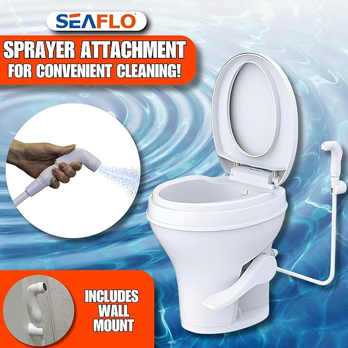 SEAFLO RV Toilet with Sprayer Attachment - White, 18.4” Residential Height, Gravity Flush Foot Pedal Camper Toilet Soft Close Seat Elongated Bowl Motorhome, 4-Year Warranty, SFRTPH-01-02