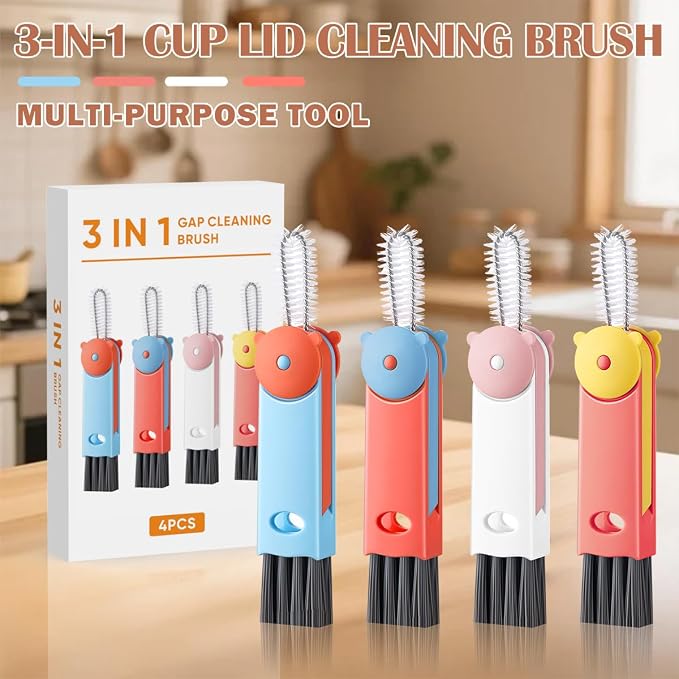 3 in 1 Cup Lid Cleaning Brush, Multifunctional Crevice & Gap Cleaner for Water Bottles, Insulated Cups and Tumblers, Deep Cleaning Tool for Home & Kitchen, Portable Travel Lid Cleaner Set (4 PCS)