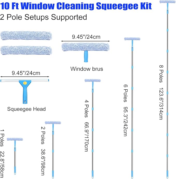 10 Feet Professional Squeegee Window Cleaner Tool with Extension Pole | Car Windshield Cleaning Kit with Long Handle, Queegee & Scrubber, Window Washing Equipment for Indoor Outdoor Windows & Glass