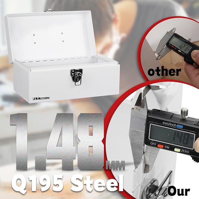 P.I.T. 12 Inch Tool Box,Portable Small Steel ToolBox with Metal Latch Closure for Household, Warehouse,Tools Storage,White