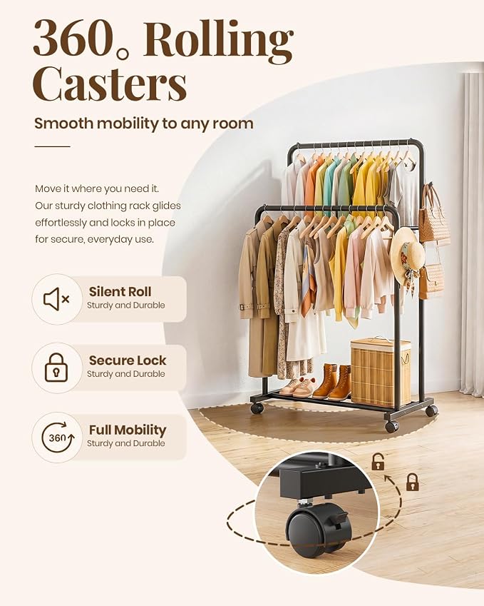 Delamu Clothes Rack Double Rods Clothing Racks for Hanging Clothes with Rolling Wheels, Hooks, Metal Garment Rack, Portable Wardrobe Coat Rack with Shelfs for Bedroom, Laundry Room, Black 65''Hx32''W