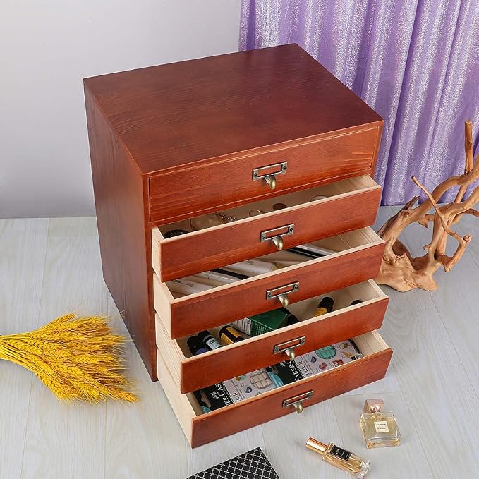 GoooodGift Wooden Drawers Small Wooden Box with Drawer, Brown | 5 Drawer Wood Storage Box , Vintage Desktop Organizer with Drawers, Desk Organizers for Library Card Catalog Cabinet