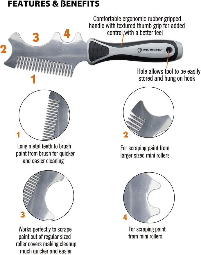 ROLLINGDOG 4 in 1 Paint Brush Comb | Multipurpose,Paint Brush Roller Cleaner Tool,Rubber Handle,Stainless Steel