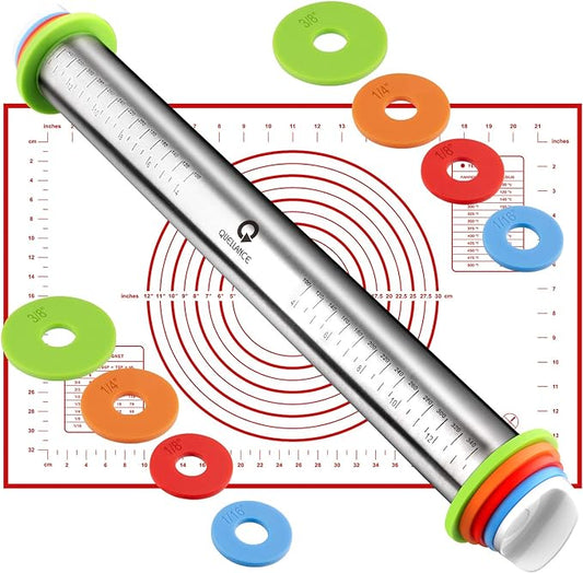 Rolling Pin and Pastry Baking Mat Set, Rolling Pins with Adjustable Thickness Rings, Stainless Steel Dough Roller for Baking Fondant, Pizza, Pie, Pastry, Pasta, Cookies (Red Mat)