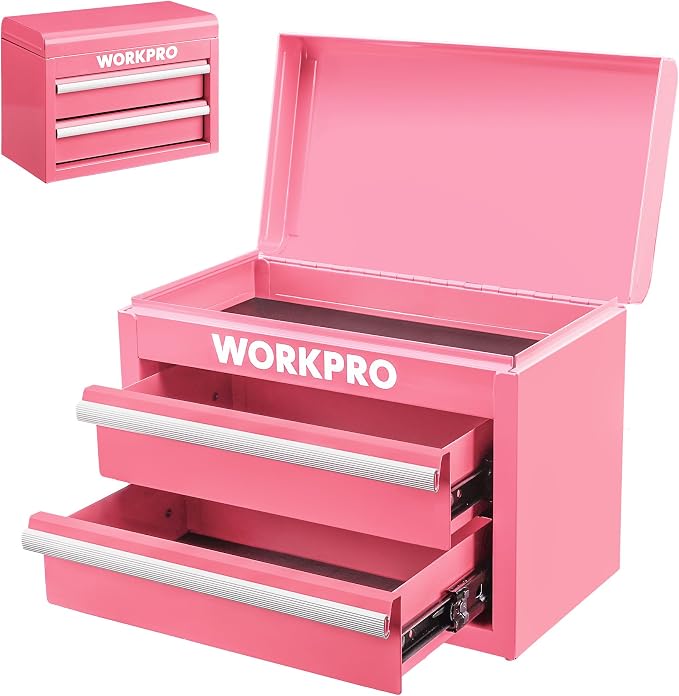 WORKPRO Metal Mini Tool Box with 2 Drawers and Top Storage | Cold Rolled Steel Toolbox, Ball Bearing Slides, PVC Drawer Liners, PP Feet Pads, Durable Storage
