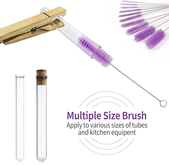 CiaraQ Bottle Cleaning Brushes, 8 Inch Nylon Tube Brush Set | Purple Cleaner for Narrow Neck Bottles Cups with Hook, Set of 10pcs.