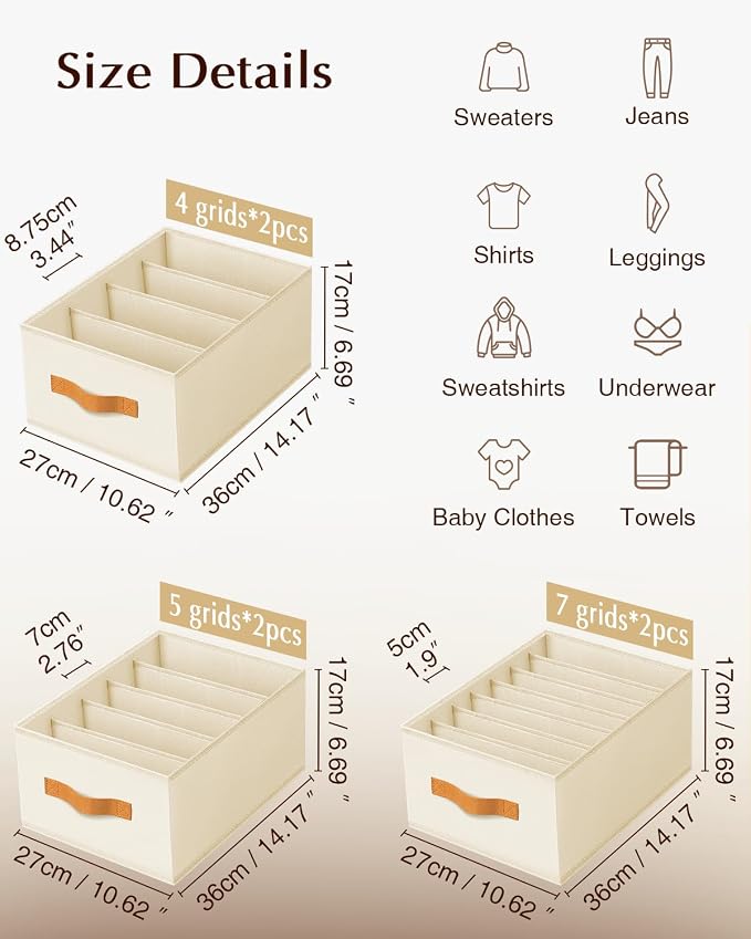 Homsorout Clothes Organizers and Storage - 4/5/7 Grids Fabric Jeans Organizer with Handles, Foldable Closet Organizers Dividers, Wardrobe organizer for Pant, Sweater, T-shirt, Scarf, 6 Pack, Beige