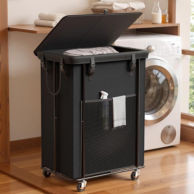 220L Laundry Hamper with Lid & Wheels, Rolling Laundry Basket with Bag | Sturdy Metal Frame | Laundry Bag with Handles| Large & Tall Clothes Hampers for Laundry Room, Bedroom, Dorm, Bathroom-Black