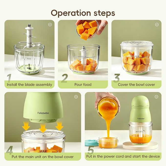 Baby Food Maker, Small Baby Food Processor Set, Fruit, Vegatable, Meat, 10oz Baby Food Maker & Puree Blender with Baby Containers, Food Freezer Tray, Silicone Spoons, Spatula, Green