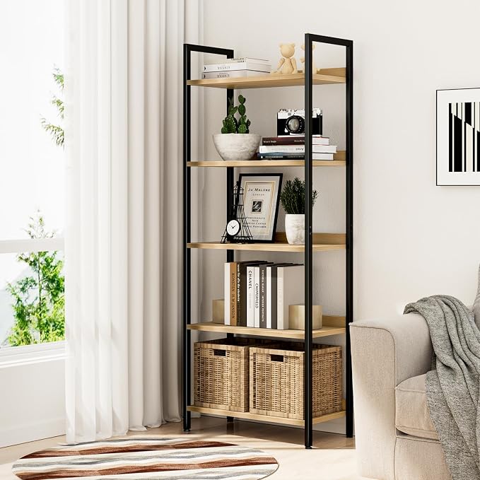 NUMENN Bookshelf, 5 Tier Bookshelves, Home Office Bookcase Shelf Storage Organizer, Free Standing Storage Shelving Unit for Bedroom, Living Room and Home Office, Natural | Metal Frame & Wood Shelves, Falling Prevention Baffle, Open Storage Bookcase for...