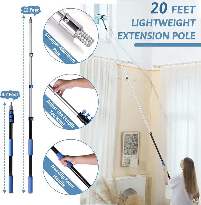 MAYKI 20 Foot High Reach Dusters for Cleaning 5 PCS, Ceiling Fan Dusters with Extension Pole, Cobweb Duster with Extension Pole for High Ceilings/Fans, 2 in 1 Window Squeegee Duster