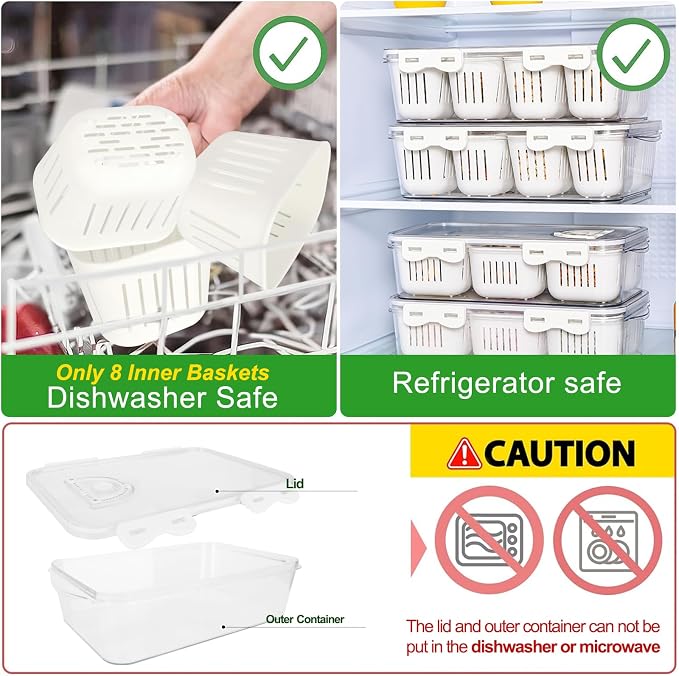 shopwithgreen Divided Serving Tray with Lid, Portable Snack Box Charcuterie Veggie Tray with Lid, Food Storage Organizer with 8 Colandersfor Fruit, Vegetable, Refrigerator, Kitchen, Party, Picnic