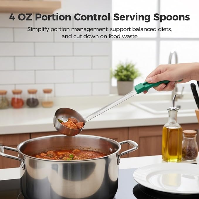 8 Pcs Portion Control Serving Spoons, Including 4 Slotted & 4 Solid Ladles, 4 Oz Stainless Steel Spoons with Non-Slip Plastic Handle for Home Kitchen, Gym Meal Prep, Cafés & Catering
