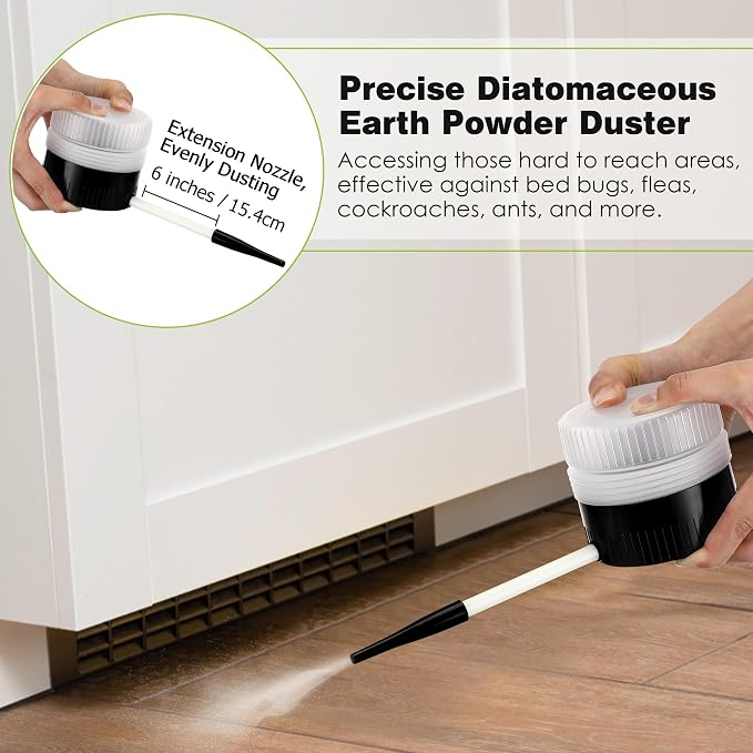 1 Pack Diatomaceous Earth Powder Duster with 6 Inch Fine Nozzle | Refillable Handheld Dust Applicator, Lightweight Powder Sprayer for Precise Application in Cracks Corners Baseboards (Black)
