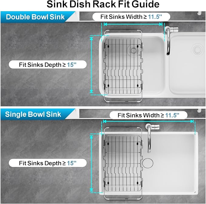 GSlife Dish Drying Rack Over the Sink with Twist-Lock Extendable Handle | Stainless Steel Dish Drainer with Cup Holder and Utensil Holder for Small Kitchen Apartment RV, Rustproof, Gunmetal Grey