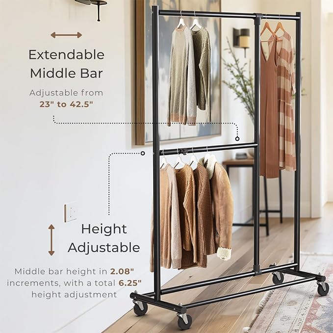 Simple Houseware Dual Bar Adjustable Clothing Garment Rack, 72" H, Black | Extendable Middle Bar from 23" to 42.75 Inches Width