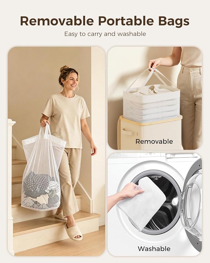 100L Laundry Hamper with Lid, Large Hamper for Clothes, Off White | Elegant bamboo appearance, Foot Loop, Removable Bag Easy to Lift and Carry, Bathroom, Bedroom, Laundry Room, Dorm