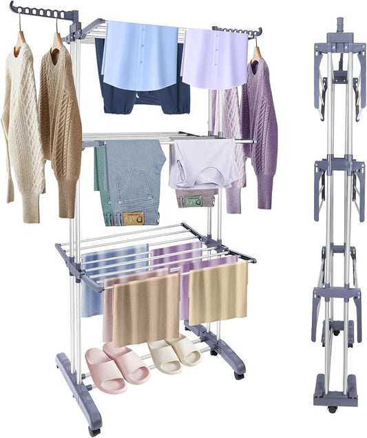 Heavy Duty Clothes Drying Rack, 4-Tier Foldable Laundry Drying Rack 70" Tall, Freestanding Stainless Steel Drying Rack with Collapsible Base & 24 Hanging Rods for Clothing, Bed Linens, Towels - Gray