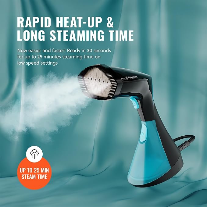 PurSteam SteamWave Handheld Garment Steamer - Fast Heat-Up 3 Steam Settings | 1650W | 25-Min Continuous Steam | 8.45 oz Removable Tank | Ceramic Soleplate | Auto Shut-Off | Portable for Home & Travel
