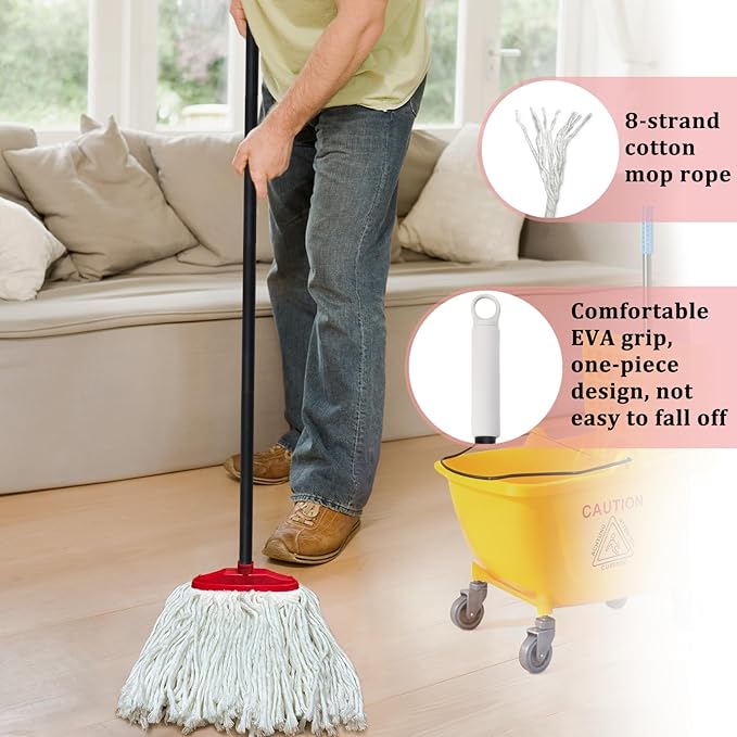 Indoor Cotton Mops for Floor Cleaning - Indoor Cleaning Mop for Wood Floors, Tile, Hardwood Floor, 52" Adjustable Iron Handle Regular Mops to Clean Living Room, Kitchen, and Bathroom. (Red