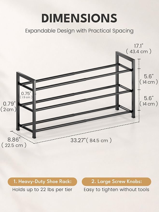 Bumusty 3-Tier Expandable Shoe Rack for Closet, 18“-33” Adjustable Shoe Rack for Small Space, Small Shoe Organizer for Front Door, Sturdy Metal, Black