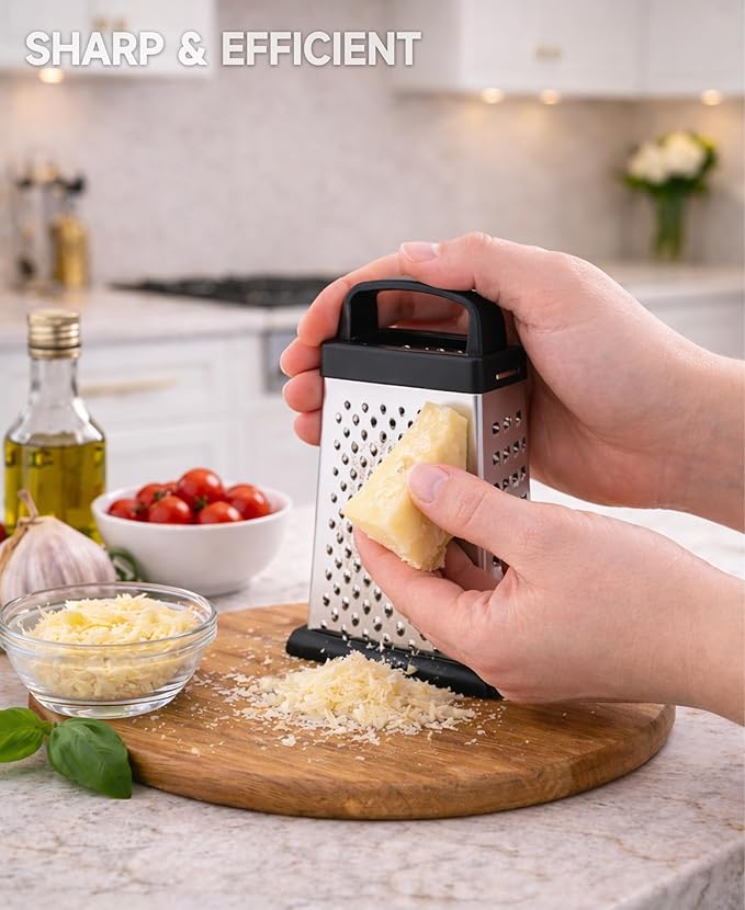 Cheese Grater, 4-Sided Mini Box Grater, Stainless Steel | For cheese, Parmesan & vegetables, compact 4-sided design, dishwasher safe for easy cleaning