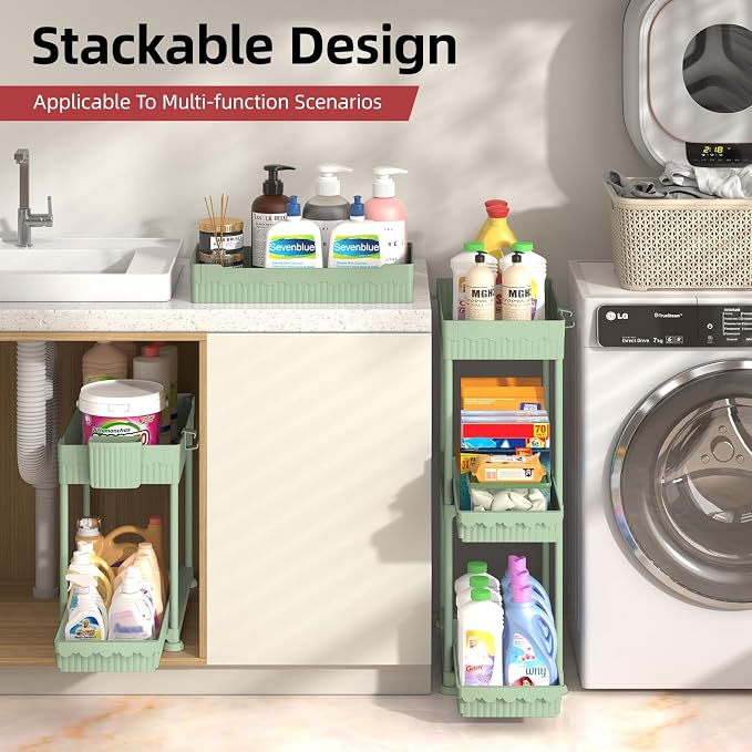 Sevenblue Under Sink Organizer, Bathroom Organizers and Storage, 2 Tier Multi-Use Pull Out Cabinet Organizer with Hang Hooks and Cups (Green, 14.8 Inch)
