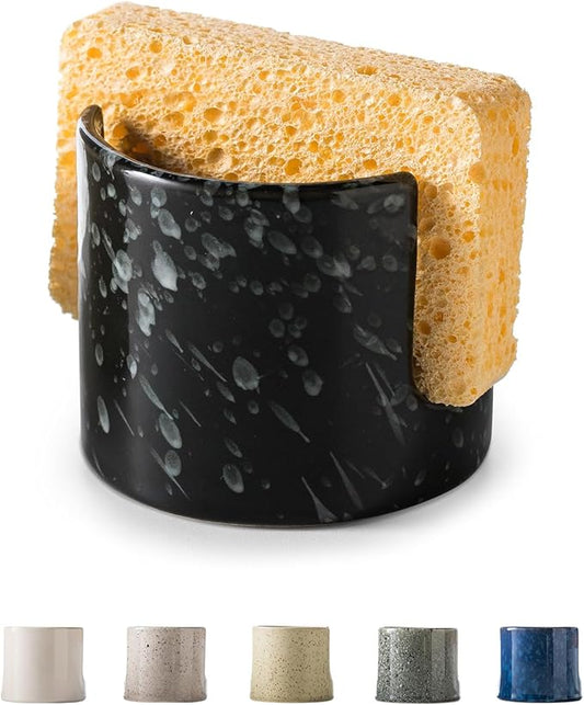 Zoeeker Sponge Holder for Kitchen, Ceramic Sink Caddy Scrub Sponge Rack Dish Rack Scrubbers Holder for Kitchen Sink, Bathroom, Black