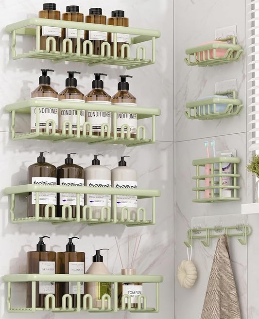 8 Pack Adhesive Rustproof Shower Caddy with Soap Dishes, Toothbrush Holder & Hooks, Large Capacity No-Drilling Shower Shelves Rack for Bathroom Organizers and Storage Accessories, Green