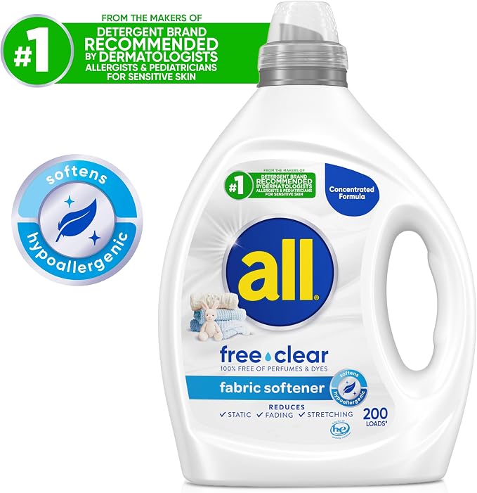 all free clear, Original, Liquid Fabric Softener for Sensitive Skin, Unscented and Hypoallergenic, Concentrated, 80oz, 200 Loads