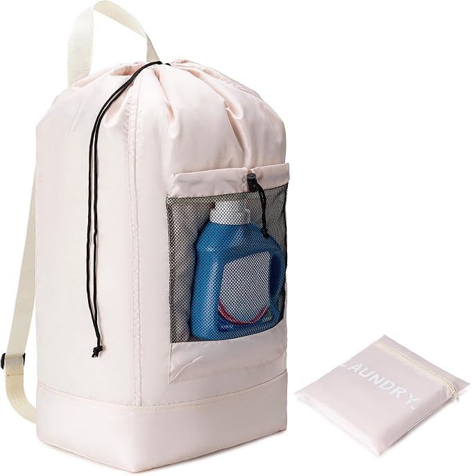 Backpack Laundry Bag,Large Travel Laundry Bags (Khaki) | with Shoulder Straps and Mesh Pockets,Laundry Backpack with Drawstring Closure for College,Trave,Dorm, Apartment,Laundromat