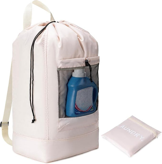 Backpack Laundry Bag,Large Travel Laundry Bags (Khaki) | with Shoulder Straps and Mesh Pockets,Laundry Backpack with Drawstring Closure for College,Trave,Dorm, Apartment,Laundromat