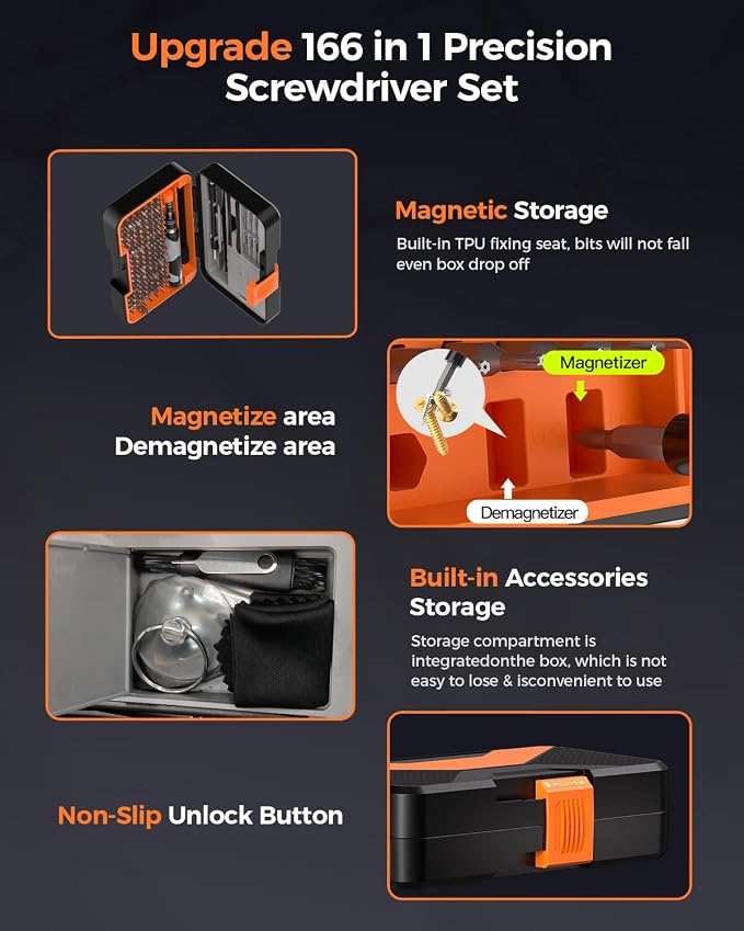 166 in 1 Precision Screwdriver Set: Magnetic Electronics Repair Kit with Extension Rod & Pry Tools, Professional Computer Tool Kit for iPhone, Laptop, PC, MacBook, PS5, Xbox, Watch, Camera, Glasses