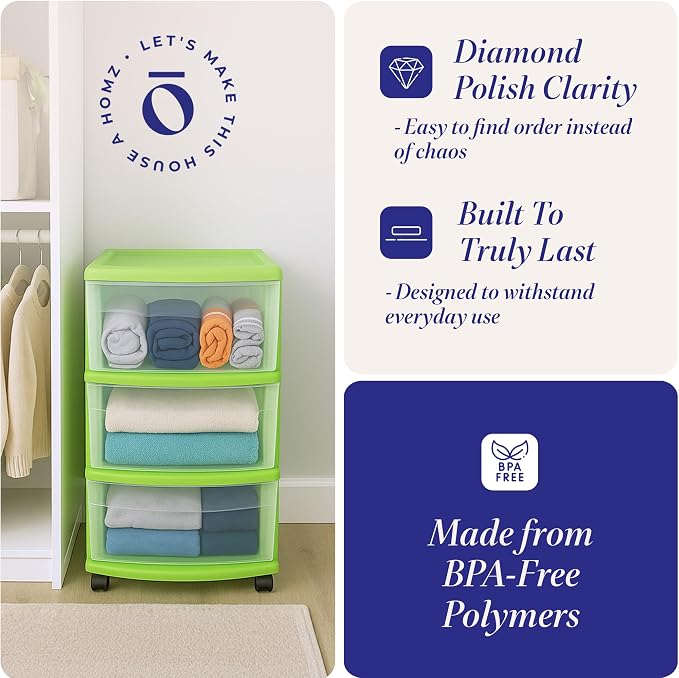 Homz 3 Drawer Plastic Storage and Organizer Cart, Rolling Cabinet for Home, Office, Classroom, Craft, Art Supplies, Bold Lime Frame with Clear Drawers