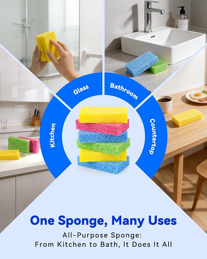 Temede Cellulose Sponges, Heavy Duty Kitchen Sponges, Non-Scratch, 6 Pack | Pop-Up Compressed Cellulose Dish Sponges, with a Durable and Firm Texture for Cookware, Bathroom and Household Cleaning