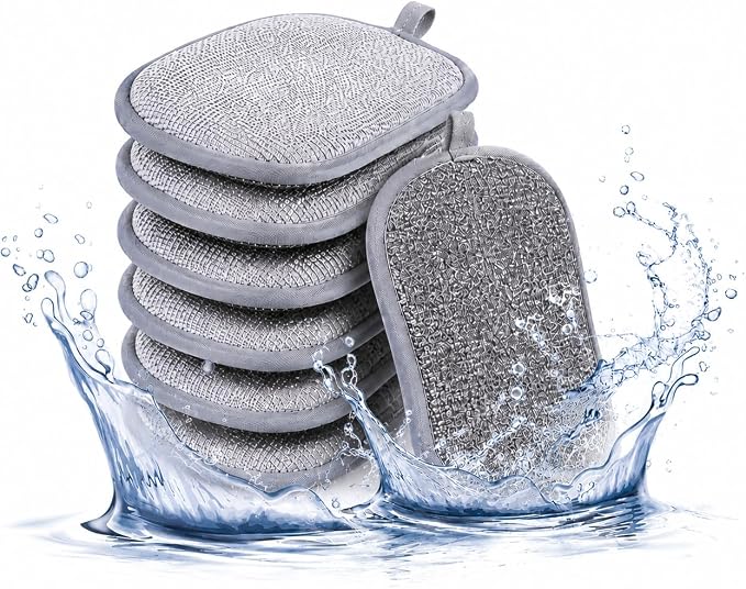 6-Pack PuoWeo Sponges Kitchen Dual-Sided Scrub Sponges—Rough Side for Non-Stick Cookware, Soft Microfiber Side for Dishes Multi-Purpose Cleaning Dish Sponge, Long Lasting & Reusable, Grey