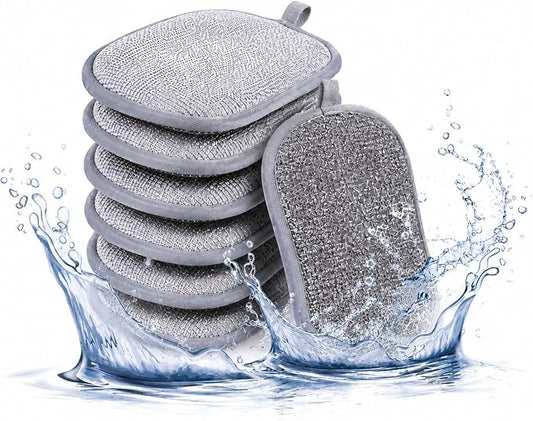 6-Pack PuoWeo Sponges Kitchen Dual-Sided Scrub Sponges—Rough Side for Non-Stick Cookware, Soft Microfiber Side for Dishes Multi-Purpose Cleaning Dish Sponge, Long Lasting & Reusable, Grey