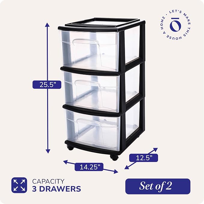 HOMZ 2-Pack Drawer Tower, 3-Tier Clear Plastic Storage Organizer Cart, Black Frame - Organizing Containers with Wheels for Home, Bathroom, Bedroom, Office, and Classroom | Plastic Organizer with Clear Bin Drawers for Bedrooms, Bathrooms, Home Offices, ...