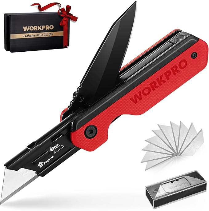 WORKPRO 2-in-1 Folding Knife/Utility Knife, Wood Handle, Red G10 Handle | Quick-Change Box Cutter, Liner Lock, Belt Clip, 10 SK5 Blades, Carton Cutting, Camping, Hiking, DIY Projects