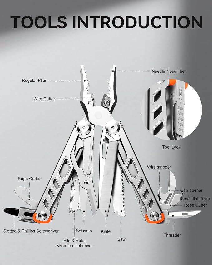 Strong 15-in-1 Multitool Pliers with Sheath, Stainless Steel, Grey | Folding Multi Tool, Needle Nose Pliers & Wire Cutters, Knife, Saw, Screwdrivers, Bottle Opener, EDC Pocket Knife