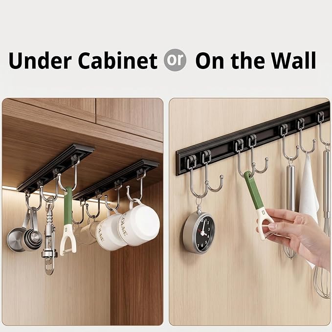 Cociat 2pcs Utensil Racks with 6 Hooks 11 Inch Mug Holder Under Cabinet Kitchen Utensil Holders Multifunctional (11 inch)