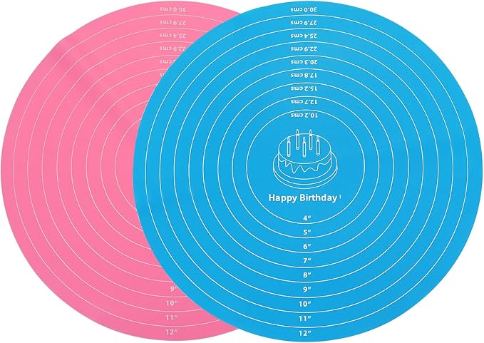 2Pcs 12 Inch Round Silicone Cake Mat with Measurements, Non-Stick Baking Mat for Cake Turntable, Dough Rolling, Cookies & Pizza, Heat Resistant Reusable Pastry Pad(Blue+Pink)