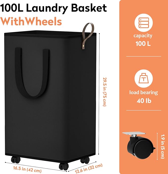 SpaceTrove Rolling Laundry Basket with Wheels, Laundry Hamper, 100L, Black | Collapsible, 4 detachable wheels including 2 with brakes, sturdy handle, metal frame, for dorms, bathrooms and bedrooms